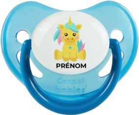 Licorne design-5 avec prénom : Bleue phosphorescente Tétine embout physiologique