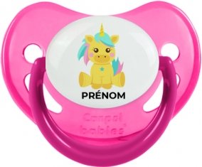 Licorne design-5 avec prénom : Rose phosphorescente Tétine embout physiologique