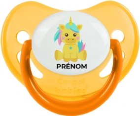 Licorne design-5 avec prénom : Jaune phosphorescente Tétine embout physiologique
