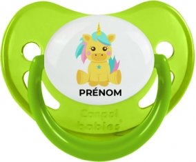 Licorne design-5 avec prénom : Vert phosphorescente Tétine embout physiologique