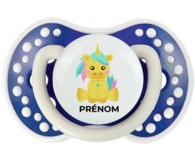Licorne design-5 avec prénom : Bleu-marine phosphorescente Tétine embout Lovi Dynamic