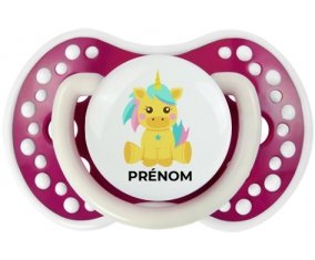 Licorne design-5 avec prénom : Fuchsia phosphorescente Tétine embout Lovi Dynamic