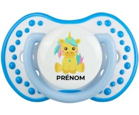 Licorne design-5 avec prénom : Blanc-bleu phosphorescente Tétine embout Lovi Dynamic