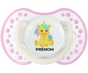 Licorne design-5 avec prénom : Blanc-rose phosphorescente Tétine embout Lovi Dynamic