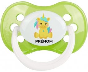 Licorne design-5 avec prénom : Vert classique Tétine embout anatomique