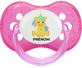 Licorne design-5 avec prénom : Rose à paillette Tétine embout cerise