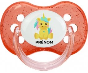 Licorne design-5 avec prénom : Rouge à paillette Tétine embout cerise