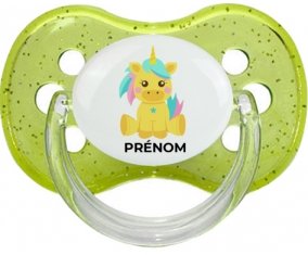 Licorne design-5 avec prénom : Vert à paillette Tétine embout cerise