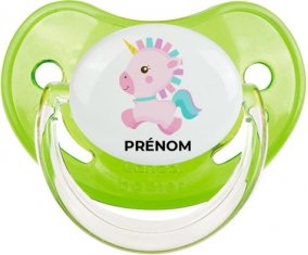 Licorne design-6 avec prénom : Vert classique Tétine embout physiologique