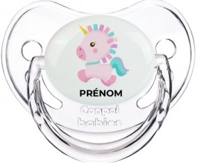 Licorne design-6 avec prénom : Transparent classique Tétine embout physiologique