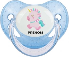Licorne design-6 avec prénom : Bleue à paillette Tétine embout physiologique