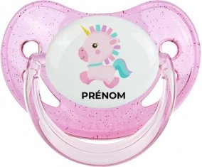 Licorne design-6 avec prénom : Rose à paillette Tétine embout physiologique