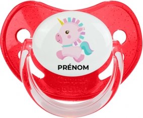 Licorne design-6 avec prénom : Rouge à paillette Tétine embout physiologique