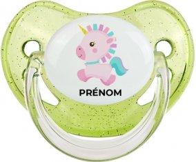 Licorne design-6 avec prénom : Vert à paillette Tétine embout physiologique