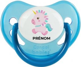 Licorne design-6 avec prénom : Bleue phosphorescente Tétine embout physiologique