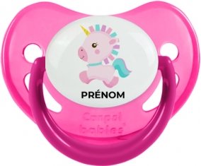 Licorne design-6 avec prénom : Rose phosphorescente Tétine embout physiologique