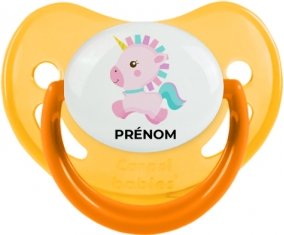Licorne design-6 avec prénom : Jaune phosphorescente Tétine embout physiologique