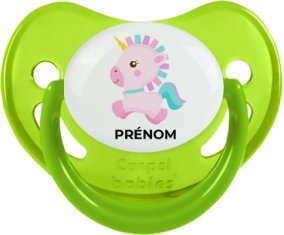 Licorne design-6 avec prénom : Vert phosphorescente Tétine embout physiologique