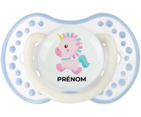 Licorne design-6 avec prénom : Blanc-cyan classique Tétine embout Lovi Dynamic
