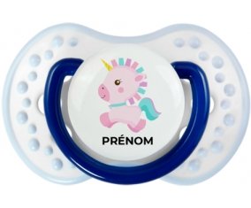 Licorne design-6 avec prénom : Marine-blanc-bleu classique Tétine embout Lovi Dynamic