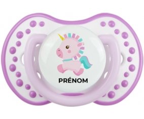 Licorne design-6 avec prénom : Blanc-mauve classique Tétine embout Lovi Dynamic