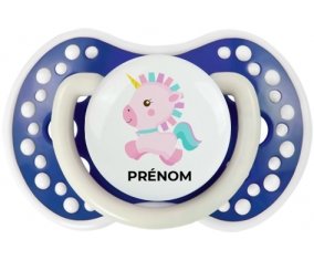 Licorne design-6 avec prénom : Bleu-marine phosphorescente Tétine embout Lovi Dynamic