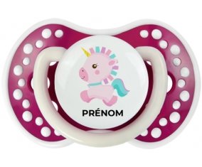 Licorne design-6 avec prénom : Fuchsia phosphorescente Tétine embout Lovi Dynamic
