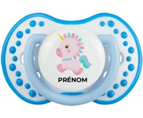 Licorne design-6 avec prénom : Blanc-bleu phosphorescente Tétine embout Lovi Dynamic