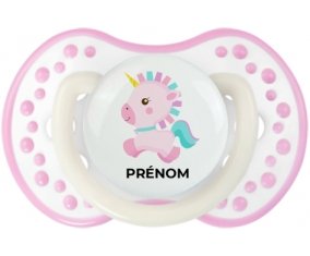 Licorne design-6 avec prénom : Blanc-rose phosphorescente Tétine embout Lovi Dynamic