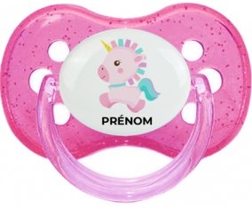 Licorne design-6 avec prénom : Rose à paillette Tétine embout cerise