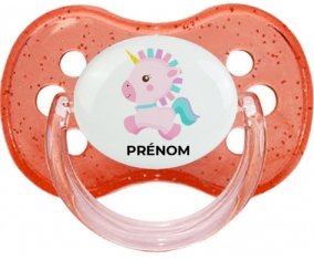 Licorne design-6 avec prénom : Rouge à paillette Tétine embout cerise