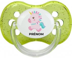 Licorne design-6 avec prénom : Vert à paillette Tétine embout cerise