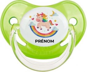Licorne arc en ciel avec prénom : Vert classique Tétine embout physiologique