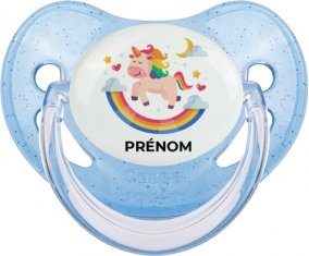 Licorne arc en ciel avec prénom : Bleue à paillette Tétine embout physiologique