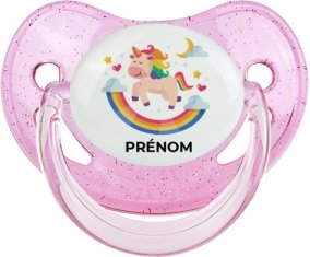 Licorne arc en ciel avec prénom : Rose à paillette Tétine embout physiologique