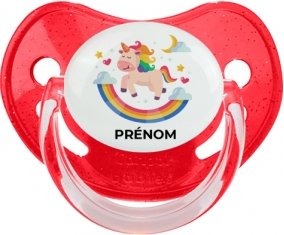 Licorne arc en ciel avec prénom : Rouge à paillette Tétine embout physiologique