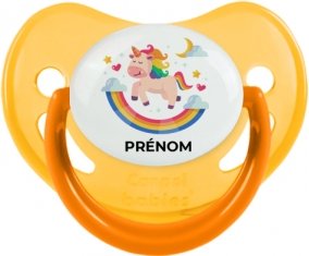 Licorne arc en ciel avec prénom : Jaune phosphorescente Tétine embout physiologique