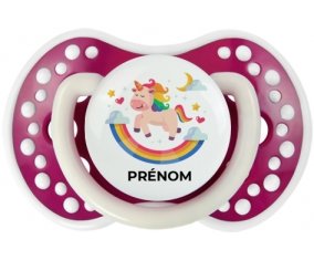 Licorne arc en ciel avec prénom : Fuchsia phosphorescente Tétine embout Lovi Dynamic