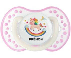 Licorne arc en ciel avec prénom : Blanc-rose phosphorescente Tétine embout Lovi Dynamic