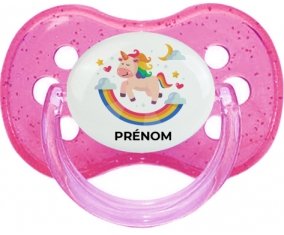 Licorne arc en ciel avec prénom : Rose à paillette Tétine embout cerise
