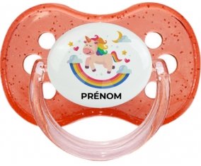 Licorne arc en ciel avec prénom : Rouge à paillette Tétine embout cerise