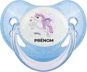 Licorne design-7 avec prénom : Bleue à paillette Tétine embout physiologique