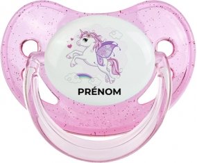 Licorne design-7 avec prénom : Rose à paillette Tétine embout physiologique
