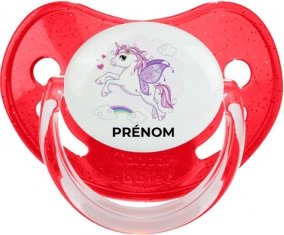 Licorne design-7 avec prénom : Rouge à paillette Tétine embout physiologique