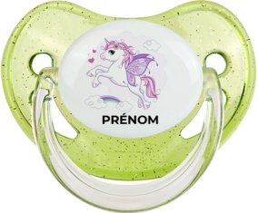 Licorne design-7 avec prénom : Vert à paillette Tétine embout physiologique