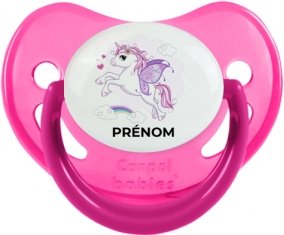 Licorne design-7 avec prénom : Rose phosphorescente Tétine embout physiologique
