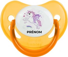 Licorne design-7 avec prénom : Jaune phosphorescente Tétine embout physiologique