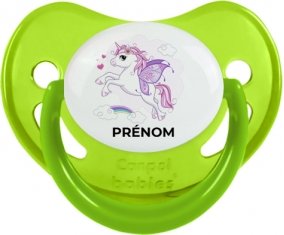 Licorne design-7 avec prénom : Vert phosphorescente Tétine embout physiologique