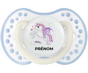 Licorne design-7 avec prénom : Blanc-cyan classique Tétine embout Lovi Dynamic