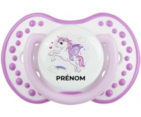 Licorne design-7 avec prénom : Blanc-mauve classique Tétine embout Lovi Dynamic